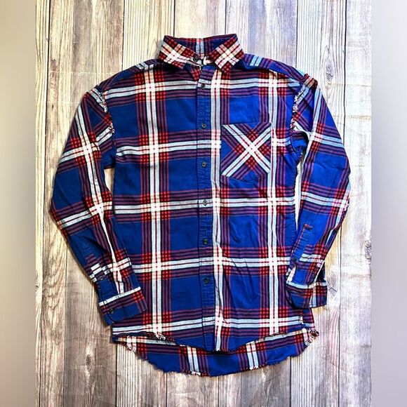 Original Use Plaid Flannel Shirt XS Red Blue Button Down Distressed Hem Cotton - Picture 2 of 9